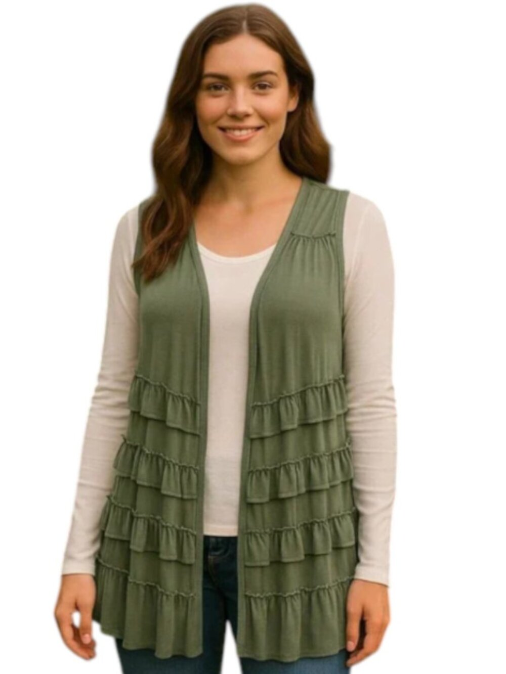 NEW POL Small Gray Green Vest Sleeveless Stretch Layered Ruffles Boho Layer